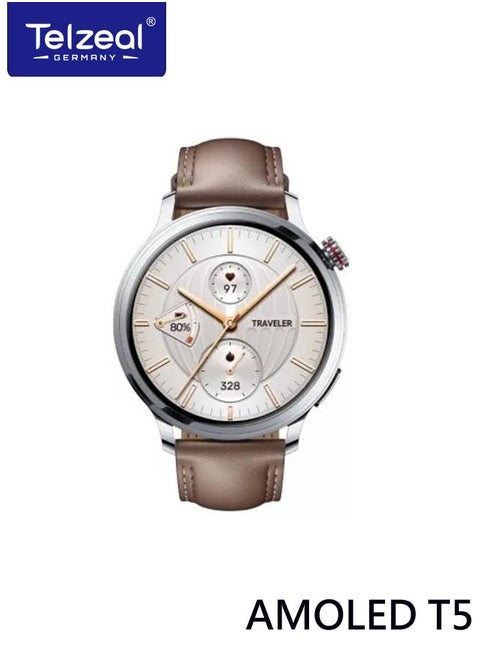 Telzeal AMOLED T5 Waterproof Smart Watch With Large Screen AMOLED Display Smart Features 3 Pair Straps and Charging Cable Designed for Men Silver