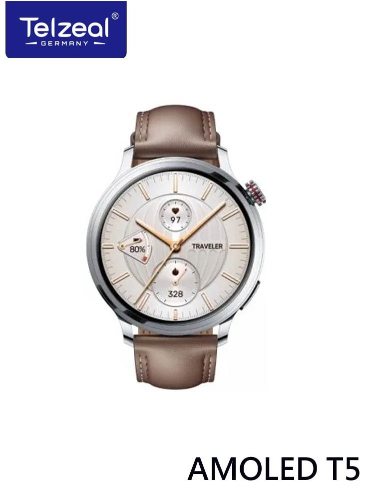 Telzeal - Telzeal AMOLED T5 Waterproof Smart Watch With Large Screen AMOLED Display Smart Features 3 Pair Straps and Charging Cable Designed for Men Silver - Image 1