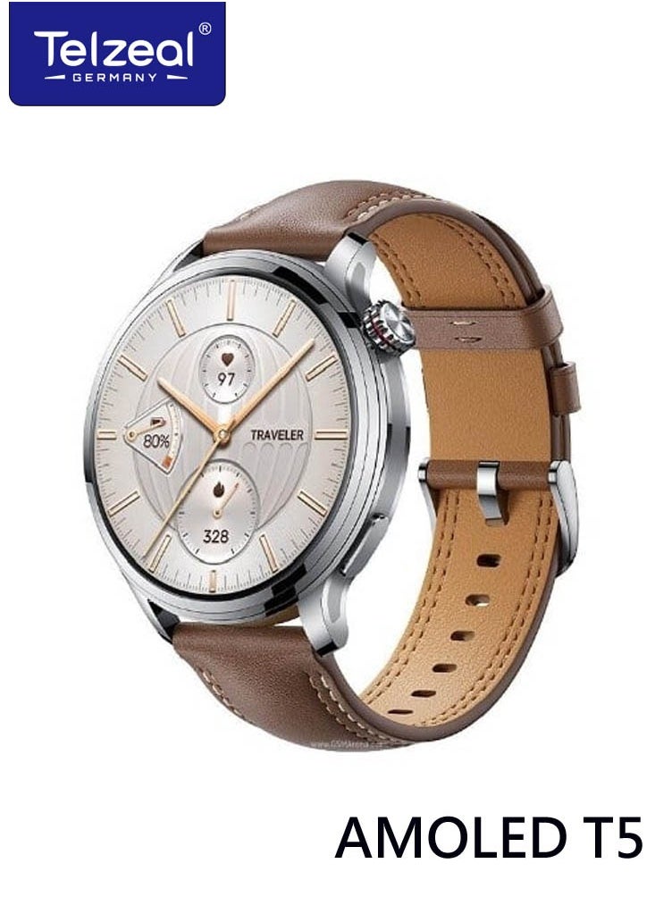 Telzeal - Telzeal AMOLED T5 Waterproof Smart Watch With Large Screen AMOLED Display Smart Features 3 Pair Straps and Charging Cable Designed for Men Silver - Image 1