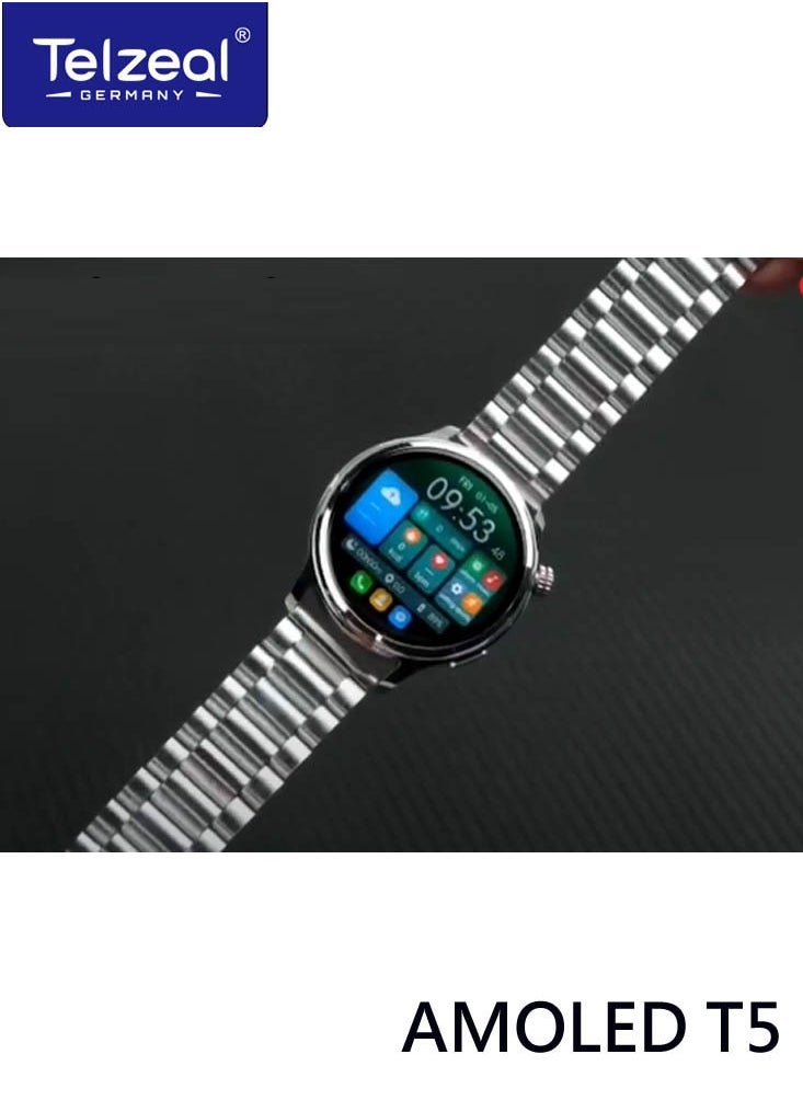 Telzeal - Telzeal AMOLED T5 Waterproof Smart Watch With Large Screen AMOLED Display Smart Features 3 Pair Straps and Charging Cable Designed for Men Silver - Image 1