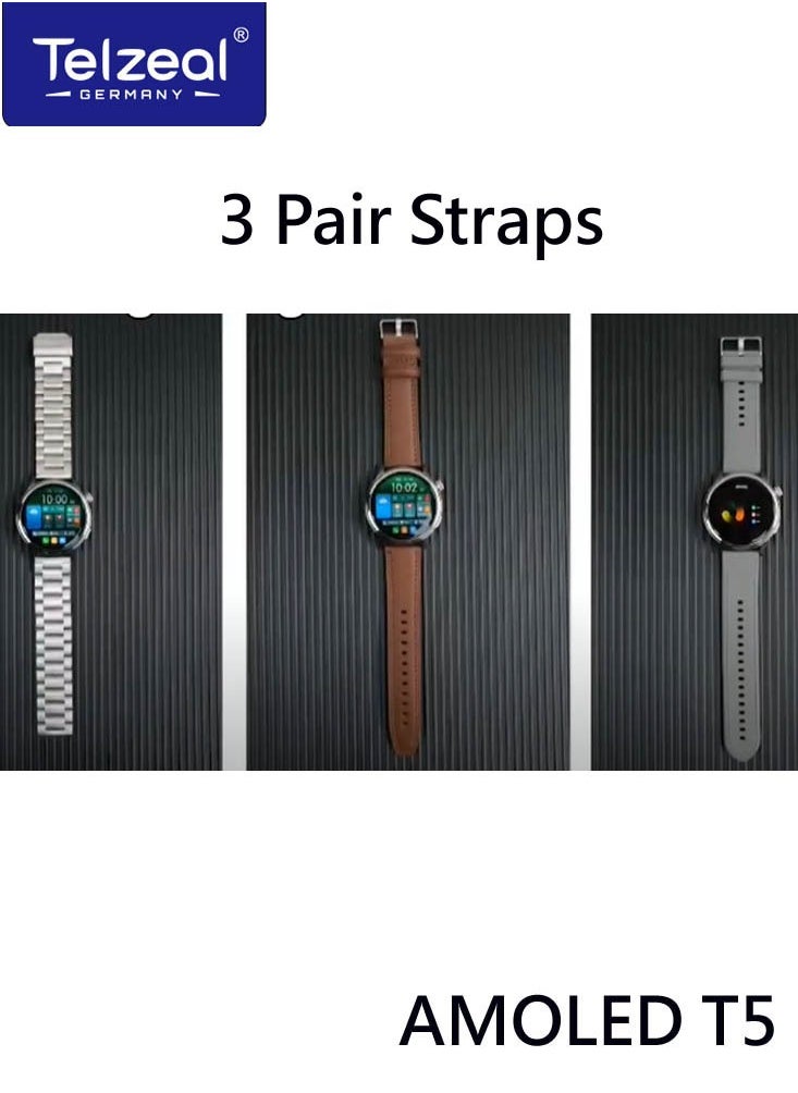 Telzeal - Telzeal AMOLED T5 Waterproof Smart Watch With Large Screen AMOLED Display Smart Features 3 Pair Straps and Charging Cable Designed for Men Silver - Image 1