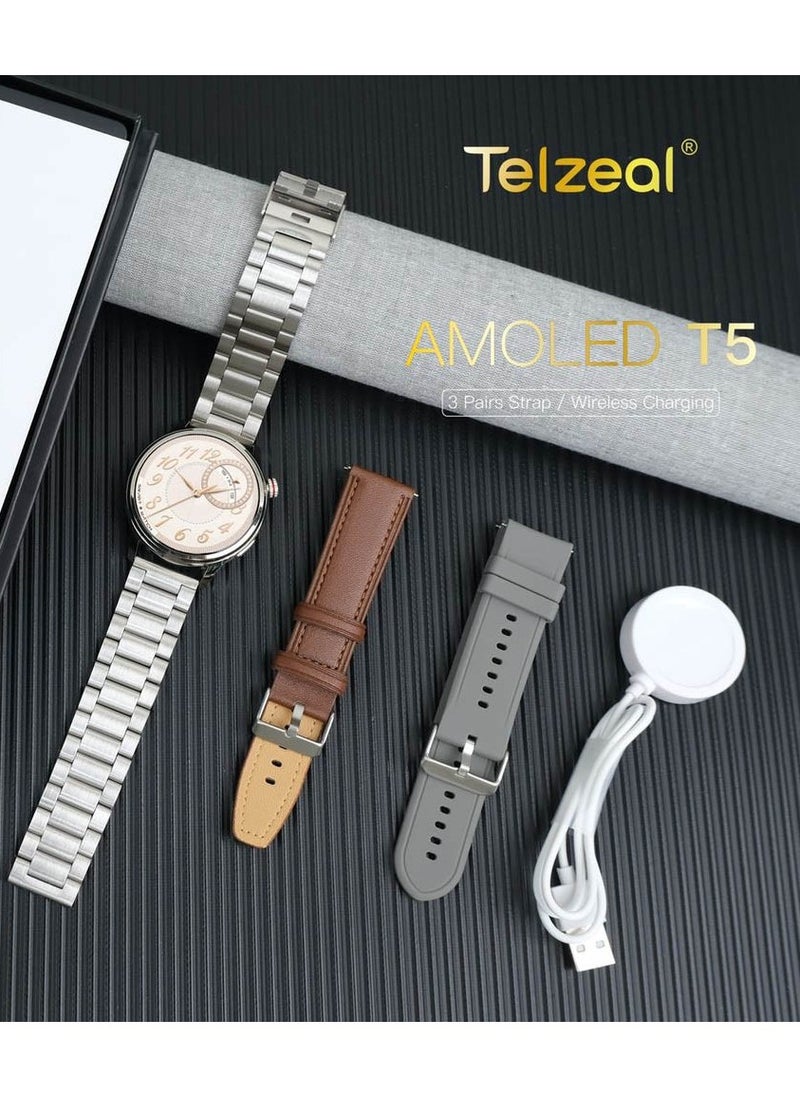 Telzeal - Telzeal AMOLED T5 Waterproof Smart Watch With Large Screen AMOLED Display Smart Features 3 Pair Straps and Charging Cable Designed for Men Silver - Image 1