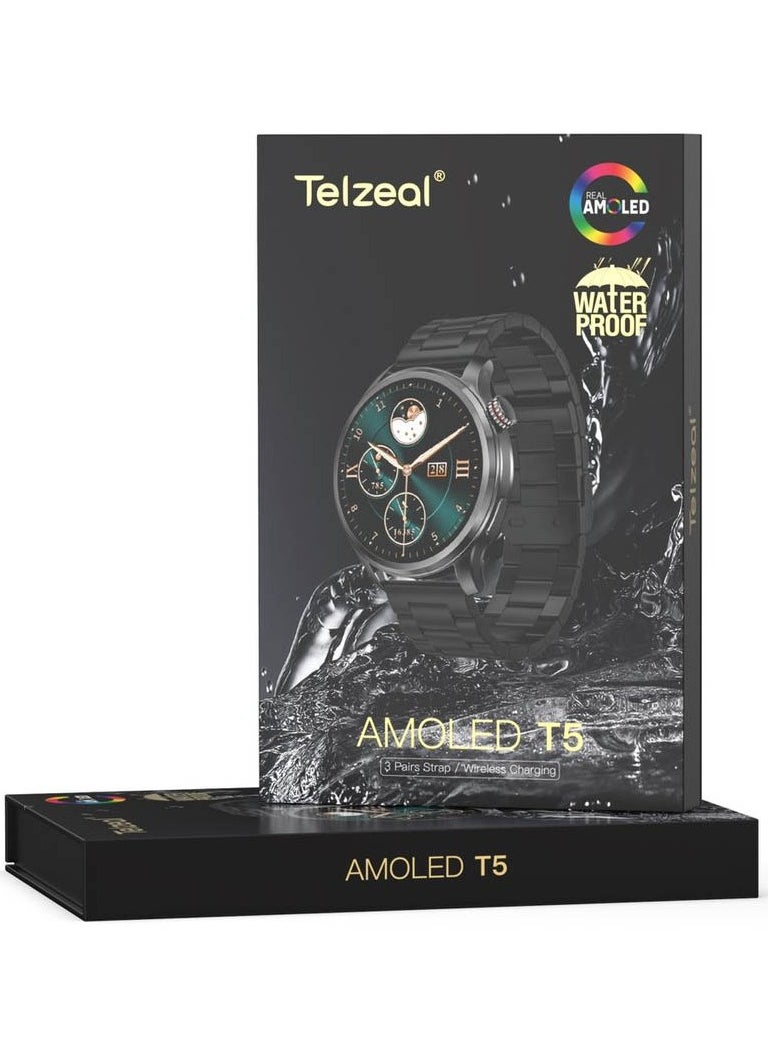 Telzeal - Telzeal AMOLED T5 Waterproof Smart Watch With Large Screen AMOLED Display Smart Features 3 Pair Straps and Charging Cable Designed for Men Silver - Image 1