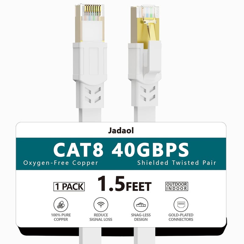 Jadaol Cat 8 Ethernet Cable 1.5ft, 40Gbps 2000MHz Flat RJ45 S/FTP LAN Patch Cable, High-Speed Cat8 Network Cable for Router, Modem, Switch, Gaming Consoles, PC, Home Network & Streaming Devices, White - Image 1