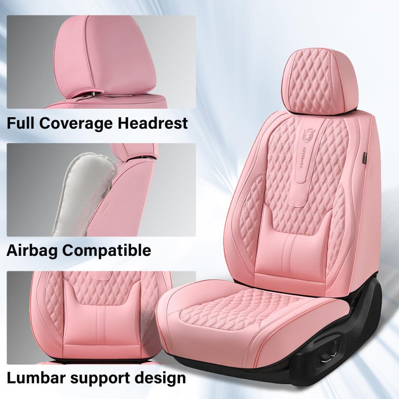Coverado Seat Covers Front Seats, Pink Car Seat Cover with Lumbar Support, Waterproof Car Seat Cushion, Front Car Seat Covers Leatherette Car Seat Protector Universal Fit Most Cars - Image 3