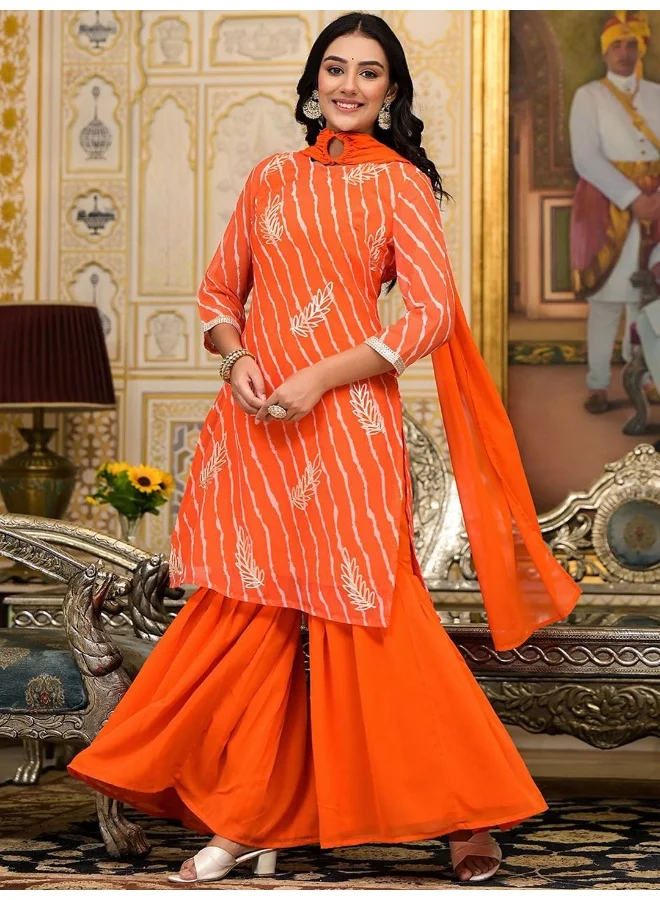 AKS AKS Couture Leheriya Printed Regular Thread Work Straight Kurta with Sharara & Dupatta