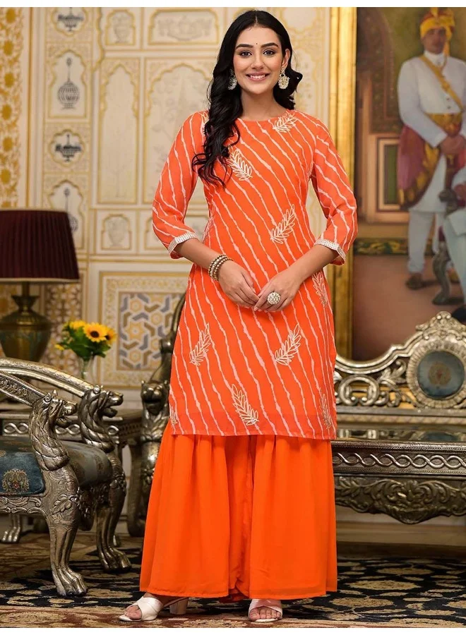أيه كيه إس AKS Couture Leheriya Printed Regular Thread Work Straight Kurta with Sharara & Dupatta