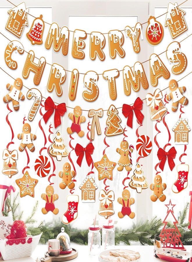 Homarkable Merry Christmas Banners, Gingerbread Theme, Pre-Strung Holiday Party Décor with 20 Hanging Swirls for Home, Office, and School Celebrations - Image 1