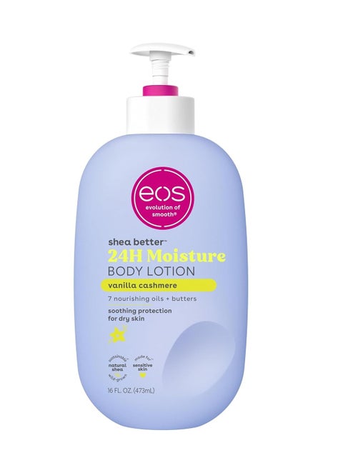 eos shea better 24H moisture body lotion vanilla cashmere scented vegan skin care made with natural shea 16 fl oz