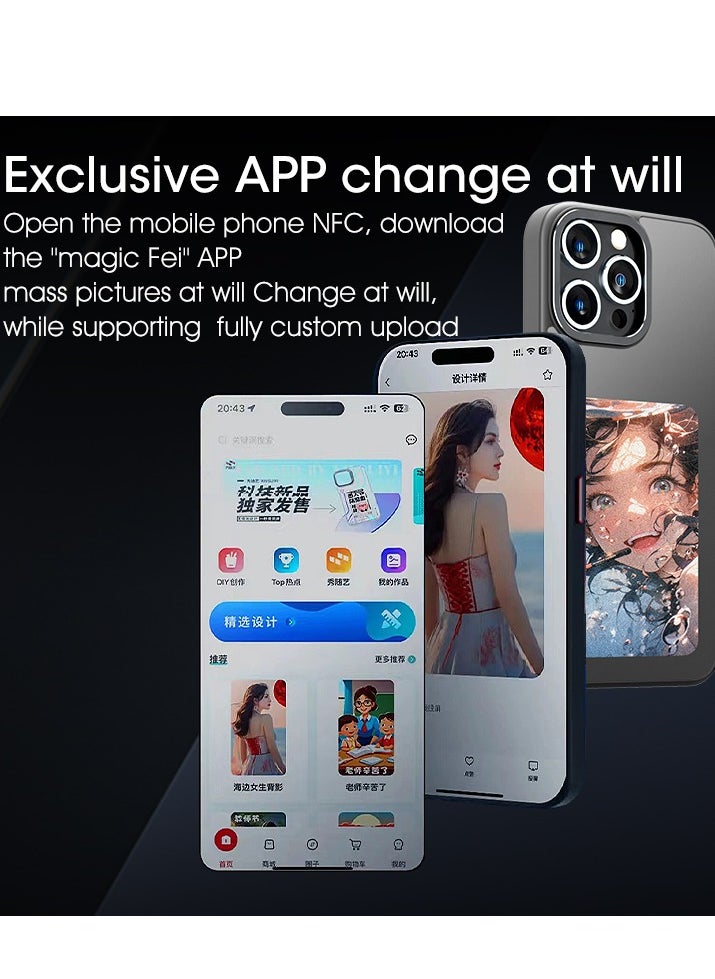 Smart Ink Phone Case DIY, iPhone 15 Pro Max, Custom Image Display AI Phone Case, E-Ink Phone Case, Drop-Proof TPU Rubber DIY Phone Case, Black