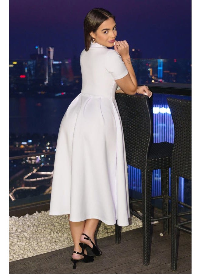 Memoriesea Women's Elegant Casual Short Sleeve Work Party A-Line Dress with Pockets, White, M - Image 3