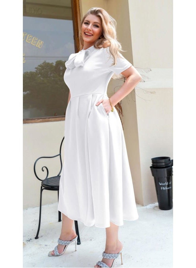 Memoriesea Women's Elegant Casual Short Sleeve Work Party A-Line Dress with Pockets, White, M - Image 4