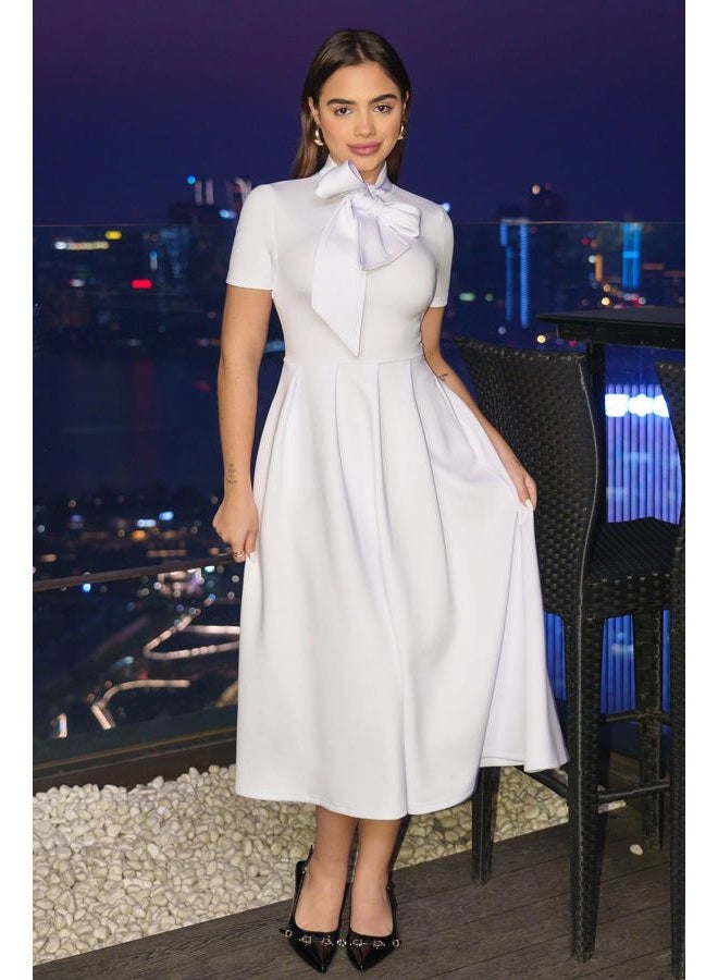 Memoriesea Women's Elegant Casual Short Sleeve Work Party A-Line Dress with Pockets, White, M - Image 2
