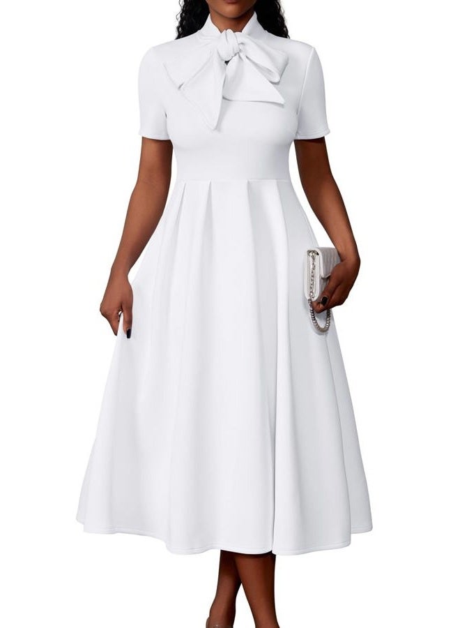 Memoriesea Women's Elegant Casual Short Sleeve Work Party A-Line Dress with Pockets, White, M - Image 1
