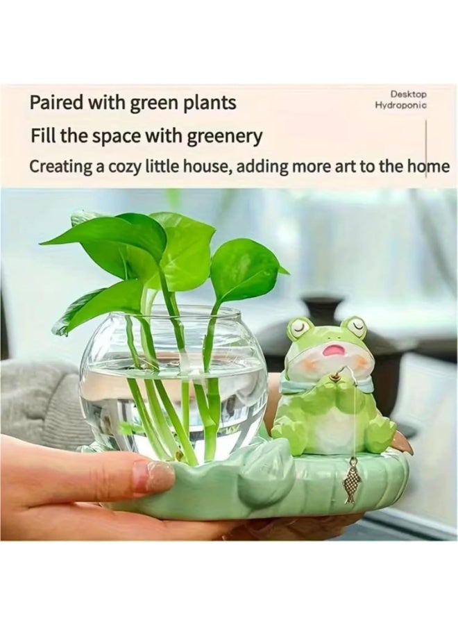 YelaJoy Glass Hydroponics Planter with Ceramic Stand, 3.5 Inch, Cartoon Frog Fishing Terrarium Pot for Indoor Plants, Mini Desk Vase for Home Office Decor (Frog) - Image 3