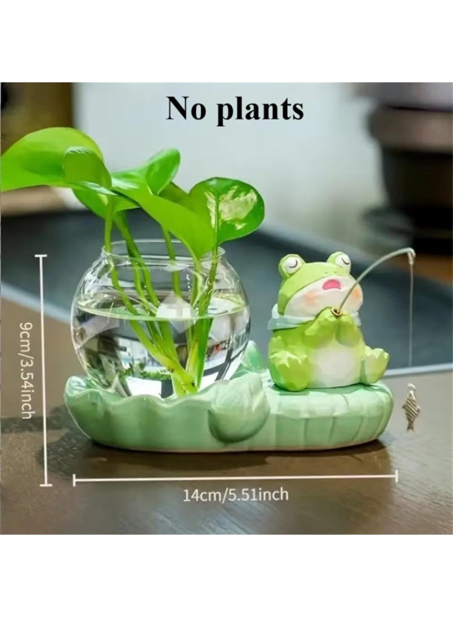 YelaJoy Glass Hydroponics Planter with Ceramic Stand, 3.5 Inch, Cartoon Frog Fishing Terrarium Pot for Indoor Plants, Mini Desk Vase for Home Office Decor (Frog) - Image 4