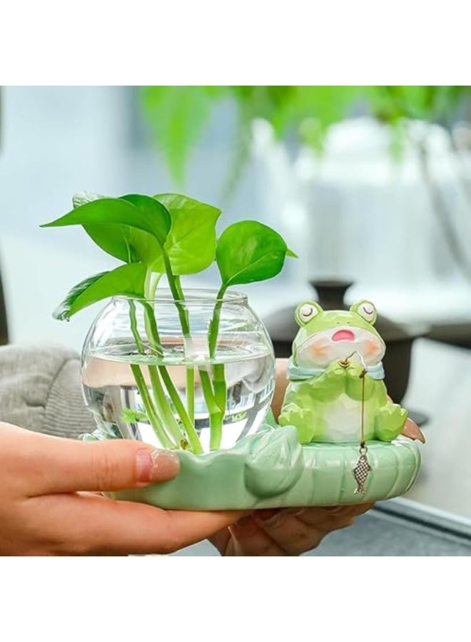 YelaJoy Glass Hydroponics Planter with Ceramic Stand, 3.5 Inch, Cartoon Frog Fishing Terrarium Pot for Indoor Plants, Mini Desk Vase for Home Office Decor (Frog) - Image 1