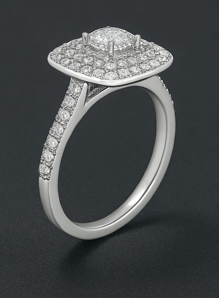 "خاتم فضي مرصع بفصوص براقة - حجر  مركزي محاط بهالة براقة" - Image 4