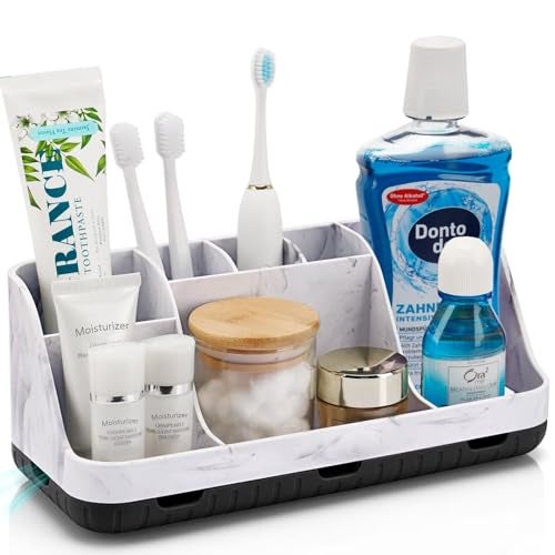GFWARE Marble Bathroom Countertop Organizer - Detachable 7 Slots Kids Electric Toothbrush and Toothpaste Holde Drainage for Bathroom Accessories Organization Counter Vanity Storage, Black - Image 1