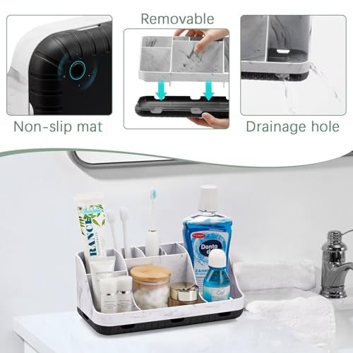 GFWARE Marble Bathroom Countertop Organizer - Detachable 7 Slots Kids Electric Toothbrush and Toothpaste Holde Drainage for Bathroom Accessories Organization Counter Vanity Storage, Black - Image 3