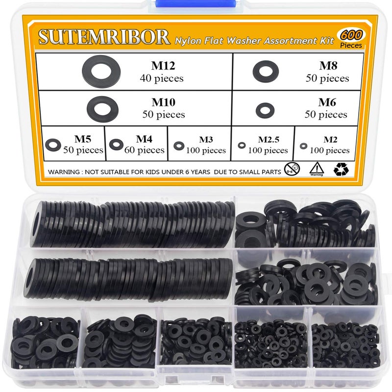Sutemribor Nylon Flat Washer Assortment Set 600 Pieces, 9 Sizes - M2 M2.5 M3 M4 M5 M6 M8 M10 M12, Black - Image 1