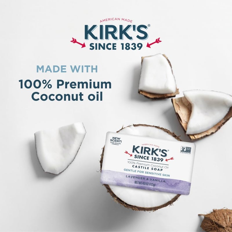 Kirk's Castile Bar Soap for Men, Women & Children - Made with Premium Coconut Oil, Sensitive Skin Formula, Vegan, Non GMO, Lavender & Vanilla, 4 oz. Bars 6 Pack - Image 3