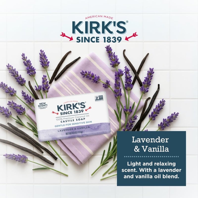 Kirk's Castile Bar Soap for Men, Women & Children - Made with Premium Coconut Oil, Sensitive Skin Formula, Vegan, Non GMO, Lavender & Vanilla, 4 oz. Bars 6 Pack - Image 5
