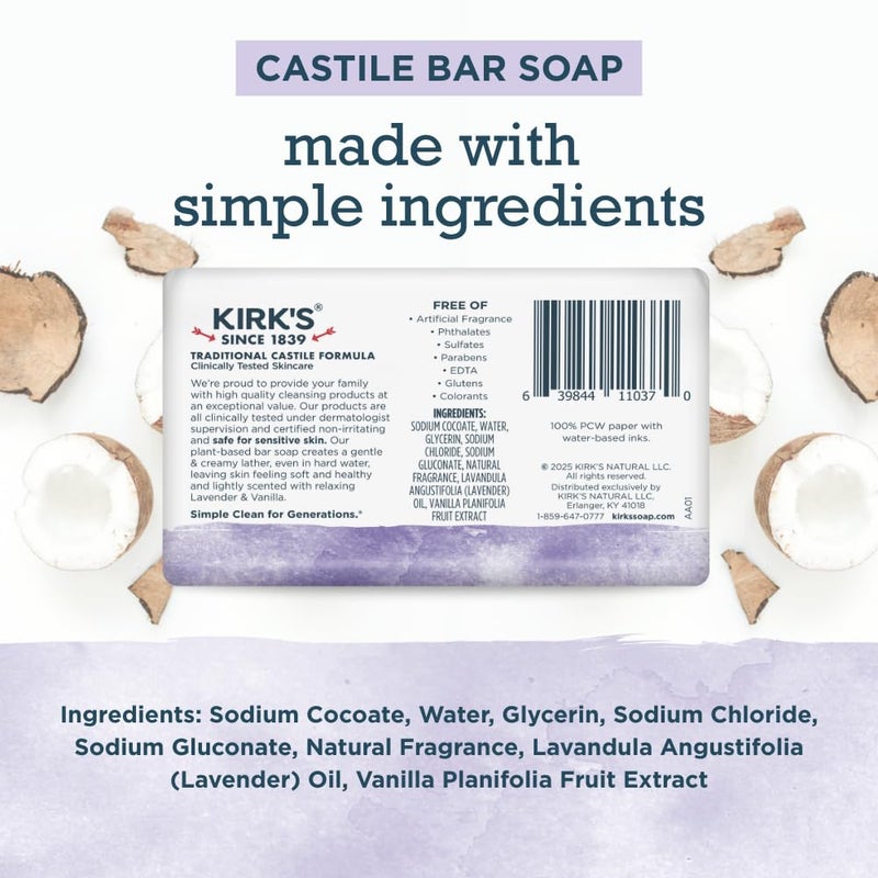 Kirk's Castile Bar Soap for Men, Women & Children - Made with Premium Coconut Oil, Sensitive Skin Formula, Vegan, Non GMO, Lavender & Vanilla, 4 oz. Bars 6 Pack - Image 2