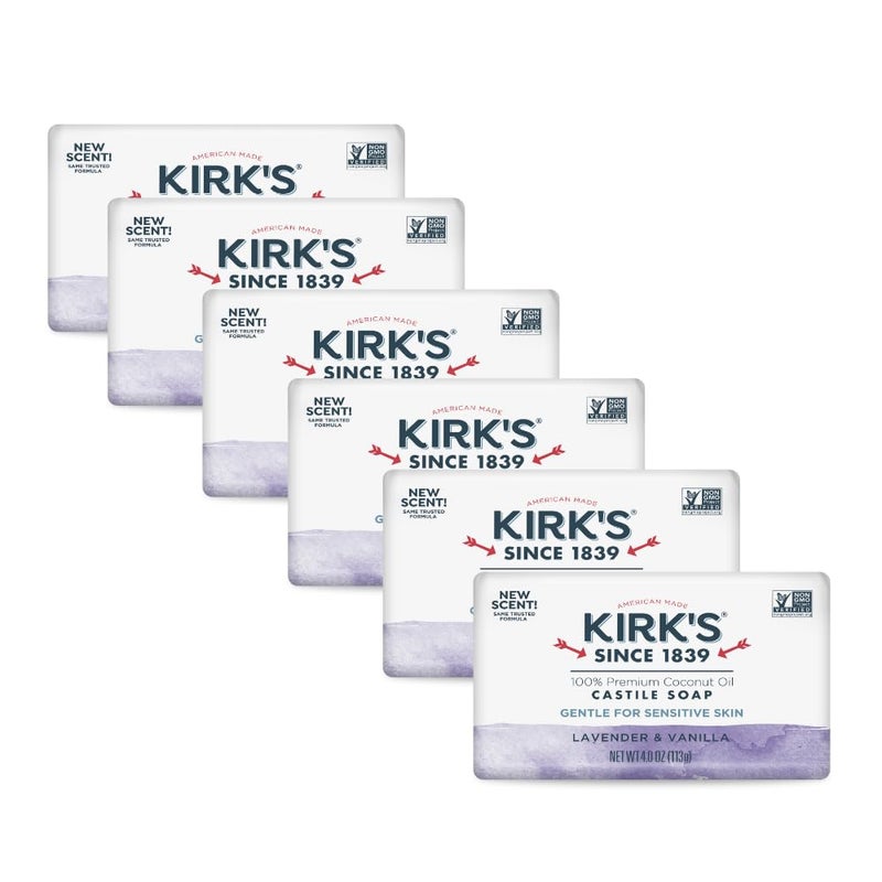 Kirk's Castile Bar Soap for Men, Women & Children - Made with Premium Coconut Oil, Sensitive Skin Formula, Vegan, Non GMO, Lavender & Vanilla, 4 oz. Bars 6 Pack - Image 1
