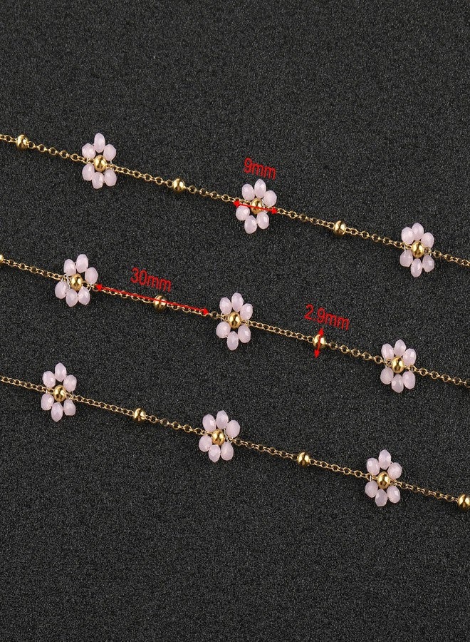 UMAOKANG 3 Meters Bead Flower Chain for Jewelry Making Gold Plated Stainless Steel Jewelry Making Chains Light Pink Crystal Floral Craft Chain Roll - Image 3