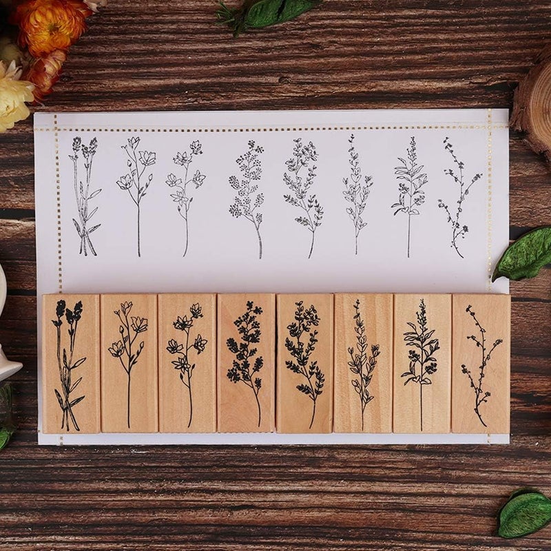 Dizdkizd 8 قطع طوابع مطاطية مثبتة على الخشب، مجموعة طوابع خشبية زخرفية للنباتات والزهور للحرف اليدوية، اليوميات وكتب القصاصات الحرفية - Image 4