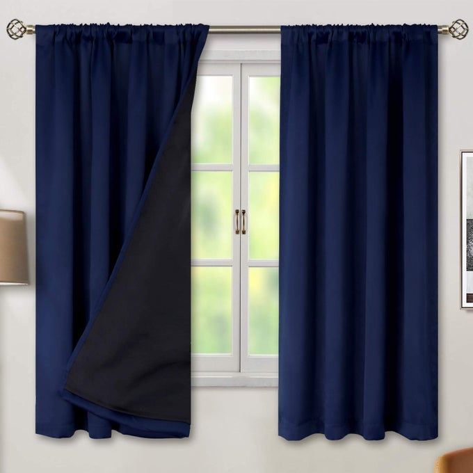 Thermal Insulated 100 Blackout Curtains for Bedroom with Black Liner Double Layer Full Room Darkening Noise Reducing Rod Pocket Curtain 42 x 63 Inch Navy Blue 2 Panels