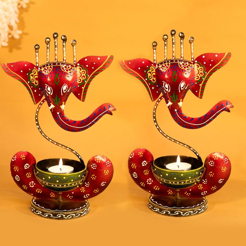 Ekhasa Handpainted Ganesha Metal Tealight Candle Holder for Home Decor | Perfect Candle Stand for Diwali Decoration and Table Décor | Festival & Parties Decorative Candles Gift Items (Set of 2). - Image 1