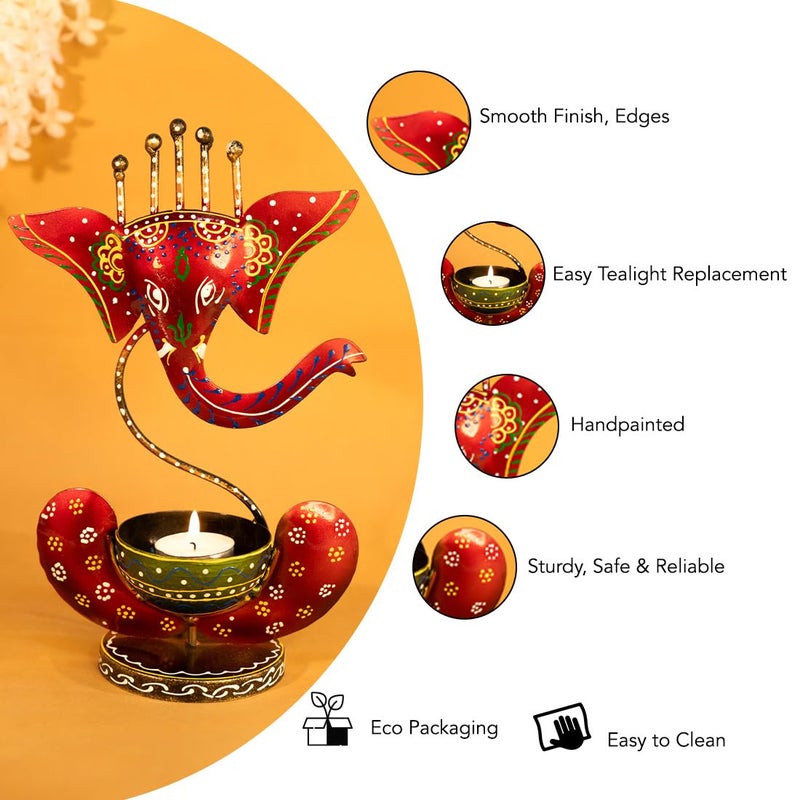 Ekhasa Handpainted Ganesha Metal Tealight Candle Holder for Home Decor | Perfect Candle Stand for Diwali Decoration and Table Décor | Festival & Parties Decorative Candles Gift Items (Set of 2). - Image 3