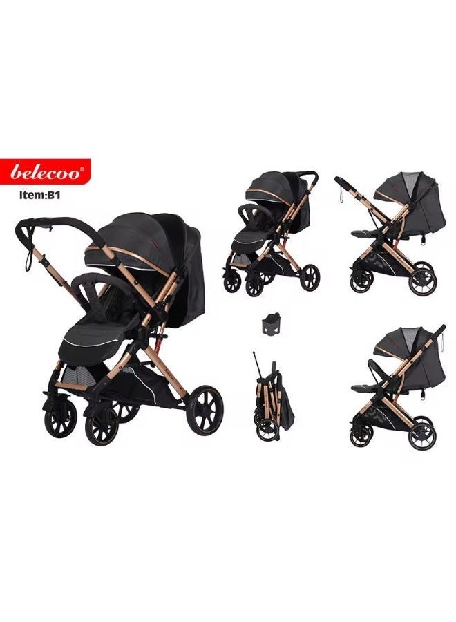 بيليكو عربة اطفال خفيفة الوزن ثنائية الاتجاه Beleco- Stroller B1- بتصميم قابل للتحويل والطي بشكل مريح بيد واحدة - متعددة الاوضاع (اسود) - Image 1