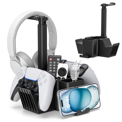 KDD Dual Controller Holder with Headphone Stand - Multi-Functional Desk Storage Box with Phone Holder - Universal Controller Stand with Desktop Organizer for Remote Control Pen Accessories(Black) - Image 1