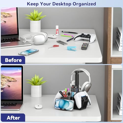 KDD Dual Controller Holder with Headphone Stand - Multi-Functional Desk Storage Box with Phone Holder - Universal Controller Stand with Desktop Organizer for Remote Control Pen Accessories(Black) - Image 5