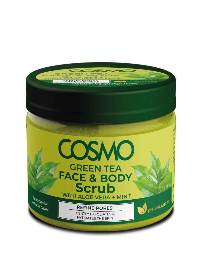 Cosmo Green Tea Face and Body Scrub 325ml, With Aloe Vera + Mint, Exfoliates and Hydrates the Skin, Paraben Free, Ph-balanced, Suitable for All Skin