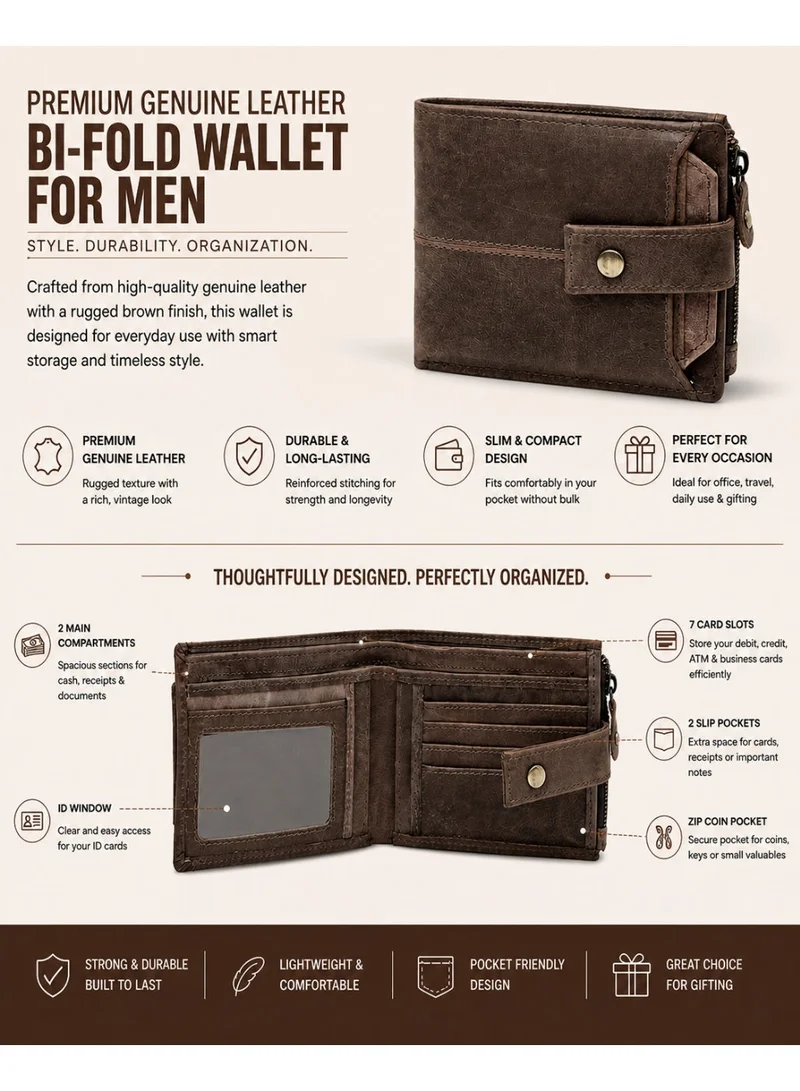 TEAKWOOD Teakwood Leather Genuine Leather Bi-Fold Wallet for Men | Brown Wallet with Button Closure | Non-Detachable Flap | 2 Main Compartments | 7 Card Slots | 2 Slip Pockets | Zip Coin Pocket | Premium Durable Everyday Wallet