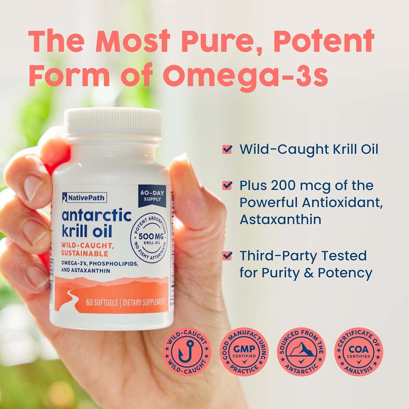 NativePath Antarctic Krill Oil  WildCaught Omega 3 Krill Oil 500mg Softgels with EPA DHA and Astaxanthin  Supplement for Joint Heart Brain and Immunity  60 ct  No Fishy Aftertaste - Image 3