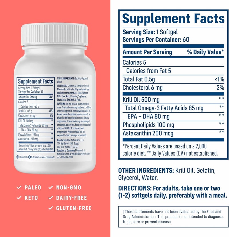 NativePath Antarctic Krill Oil  WildCaught Omega 3 Krill Oil 500mg Softgels with EPA DHA and Astaxanthin  Supplement for Joint Heart Brain and Immunity  60 ct  No Fishy Aftertaste - Image 2