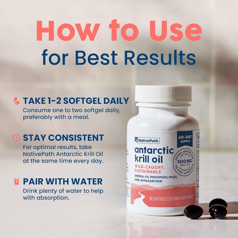 NativePath Antarctic Krill Oil  WildCaught Omega 3 Krill Oil 500mg Softgels with EPA DHA and Astaxanthin  Supplement for Joint Heart Brain and Immunity  60 ct  No Fishy Aftertaste - Image 5