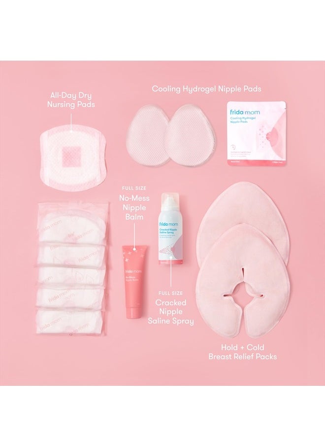 frida mom - Breastfeeding Survival Kit for Nursing Moms | Reusable Hot+Cold Breast Relief Packs, Hydrogel Nipple Pads, Cracked Nipple Saline Spray, Nipple Balm, Nursing Pads | 13 Piece Gift Set - Image 1
