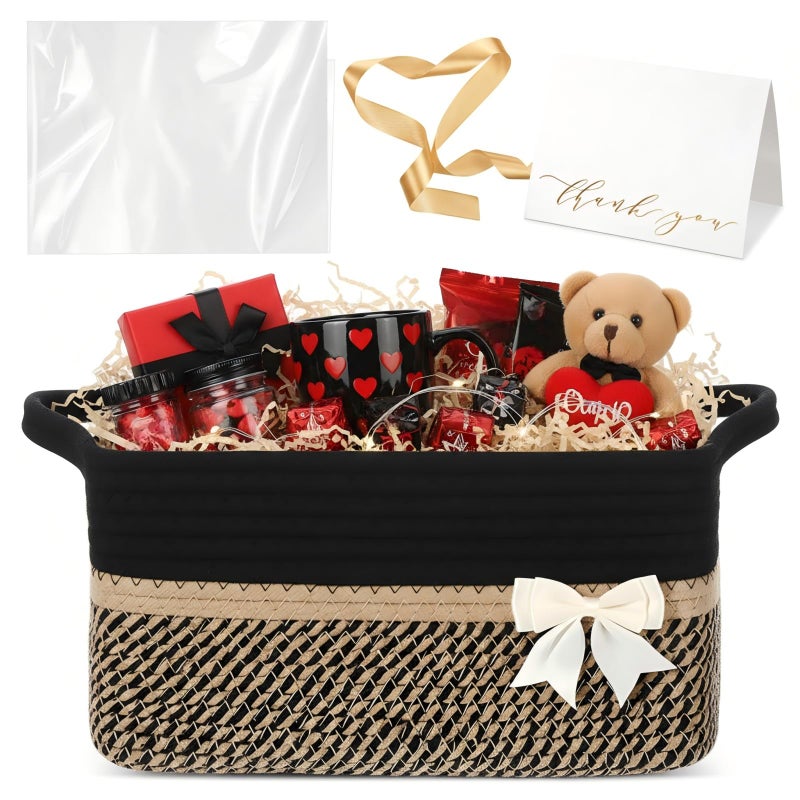 Colingmill Valentine's Day Gift Basket with Paper Filler, Bag, Ribbon, Card, 14"x10"x6", Empty Woven Basket, Gift Box for Women Men Birthday Thanksgiving New Born Wedding(Black) - Image 1