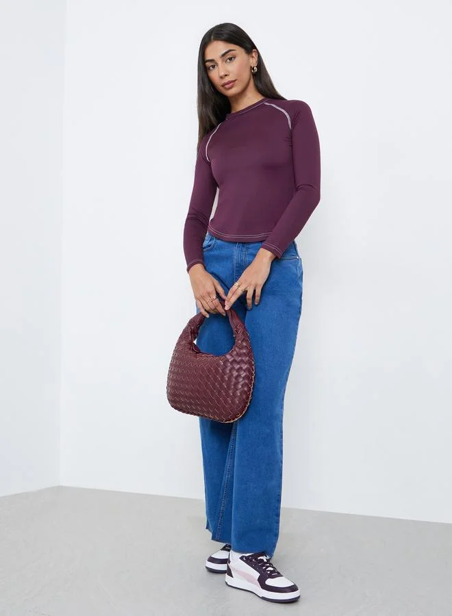 Styli Contrast Stitch Plain Raglan Sleeve Fitted T-Shirt