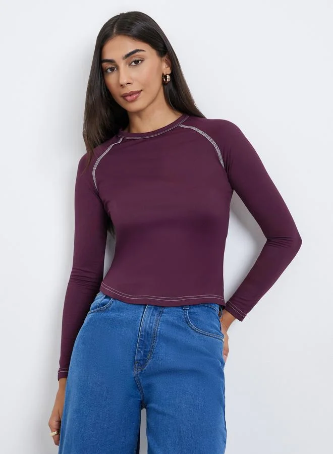 Styli Contrast Stitch Plain Raglan Sleeve Fitted T-Shirt