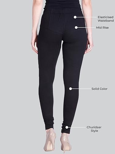 Lyra Women Solid Premium Cotton Plus Fit Churidar Leggings | Mid-Waist | Fashionwear Black - Image 2