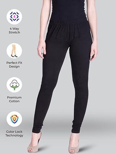 Lyra Women Solid Premium Cotton Plus Fit Churidar Leggings | Mid-Waist | Fashionwear Black - Image 4