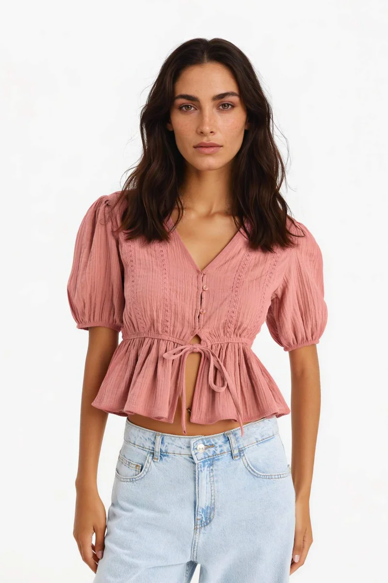 ديفاكتو Slim Fit V-neck Short Sleeve Blouse