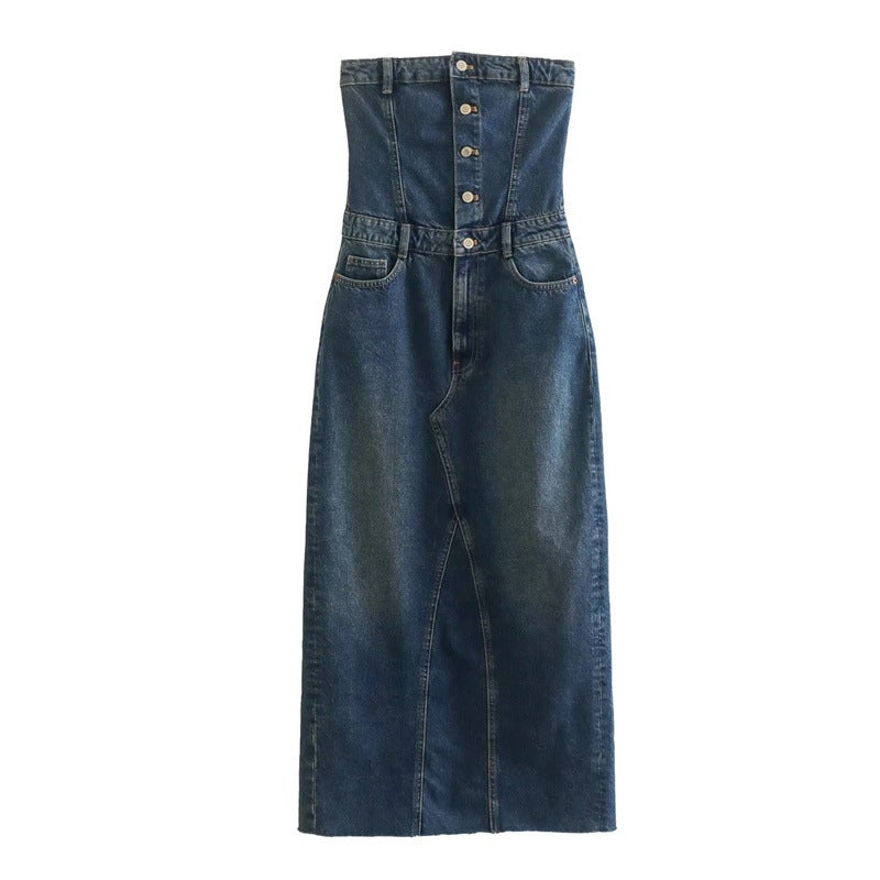 22 Korean style niche design breasted retro denim skirt simple fashion womens dress autumn and winter new tube top dress Denim Blue